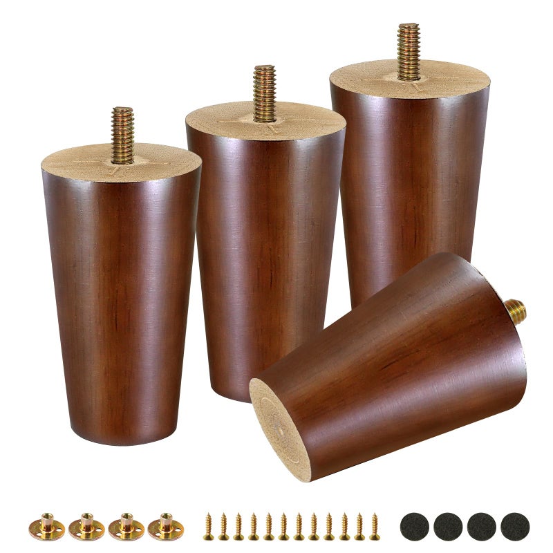 FoDau770 Brown Rubber Wood Furniture Legs 4 Inches, Straight Tapered Wood Legs Mid Century Sofa Legs Set of 4, 5/16"" UNC Furniture Feet Replacement Legs for Sofa Couch Dresser Chair Ottoman - Image 1